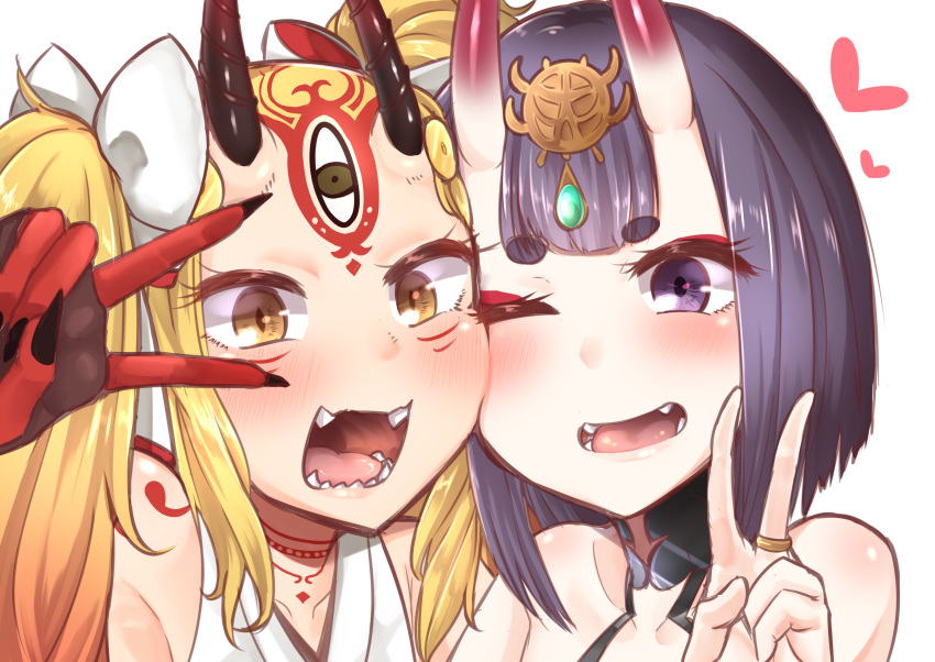 ;d absurdres bangs bare_shoulders blonde_hair blush bow cheek-to-cheek collarbone commentary_request eyebrows_visible_through_hair eyeshadow facial_mark fangs fate/grand_order fate_(series) forehead forehead_mark gradient_horns hair_bow headpiece heart highres horns ibaraki_douji_(fate/grand_order) jewelry long_hair looking_at_viewer makano_mucchi makeup multiple_girls no_eyebrows one_eye_closed oni oni_horns open_mouth purple_eyes purple_hair red_eyeshadow red_horns ring short_eyebrows shuten_douji_(fate/grand_order) sidelocks simple_background smile thick_eyebrows two_side_up upper_body v_over_eye white_background white_bow