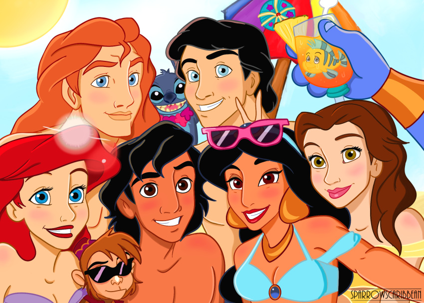 2018 4_fingers abu aladdin aladdin_(character) alien ariel_(disney) beach beast_(disney) beauty_and_the_beast belle_(beauty_and_the_beast) beverage bikini black_eyes black_hair blue_eyes blue_fur blue_nose blue_skin blush brown_eyes brown_fur brown_hair bunny_ears_(gesture) clothed clothing cocktail_garnish cocktail_umbrella crossover digital_drawing_(artwork) digital_media_(artwork) disembodied_hand disney experiment_(species) eyelashes eyewear eyewear_on_head female feral fez fish flounder_(disney) food fruit fur genie genie_(aladdin) group hair head_tuft hi_res holding_glass holding_object human human_focus jasmine_(aladdin) jewelry large_group lei lens_flare lilo_and_stitch long_hair looking_at_viewer male mammal marine monkey necklace open_mouth open_smile orange_hair parasol photobomb pineapple primate prince_eric red_hair seaside selfie smile sparrowscaribbean stitch summer sun sunglasses sunglasses_on_head swimsuit the_little_mermaid topless tuft yellow_body