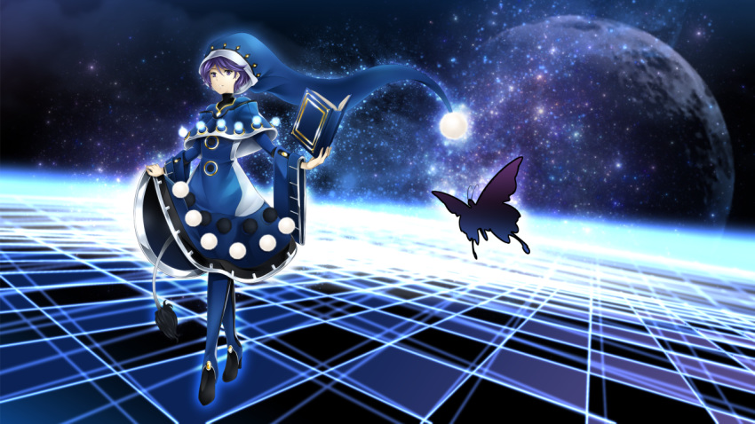 adapted_costume arkatopia bangs blue_capelet blue_dress blue_eyes blue_footwear blue_hair blue_hat book boots bug butterfly capelet checkered checkered_floor commentary commentary_request cosplay doremy_sweet dress elizabeth_(persona) elizabeth_(persona)_(cosplay) eyebrows_visible_through_hair full_body hair_between_eyes hat high_heel_boots high_heels holding holding_book insect knee_boots long_sleeves moon parted_lips partial_commentary persona persona_3 pom_pom_(clothes) santa_hat short_hair skirt_hold sky smile solo standing star_(sky) starry_sky tail tapir_tail touhou