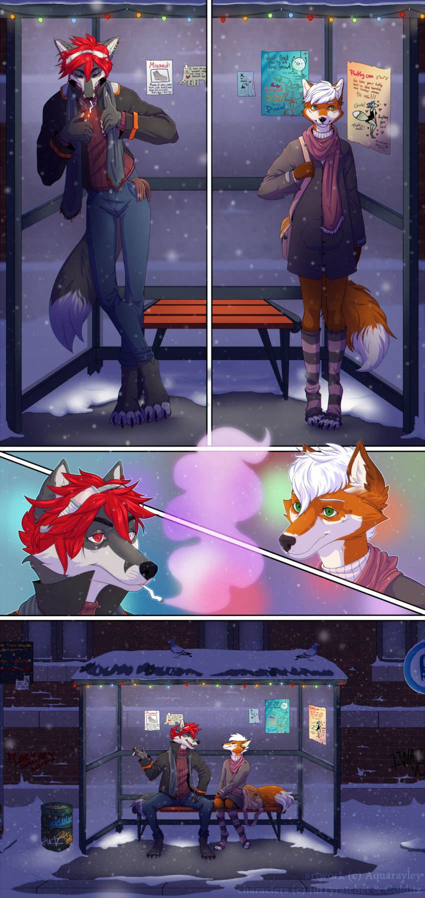 2017 5_fingers anthro black_nose canine clothed clothing comic digital_media_(artwork) duo female fox fur grey_fur hair heterochromia male mammal orange_fur rayley red_eyes red_hair standing white_hair