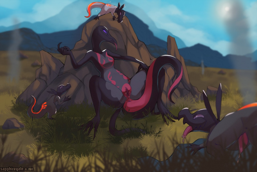 anthro anus beckoning breasts featureless_breasts female feral grass group male nintendo outside penis pok&eacute;mon pok&eacute;mon_(species) presenting pussy reclining rock salandit salazzle sapphire-gale shiny_pok&eacute;mon sitting smile tapering_penis tongue tongue_out video_games