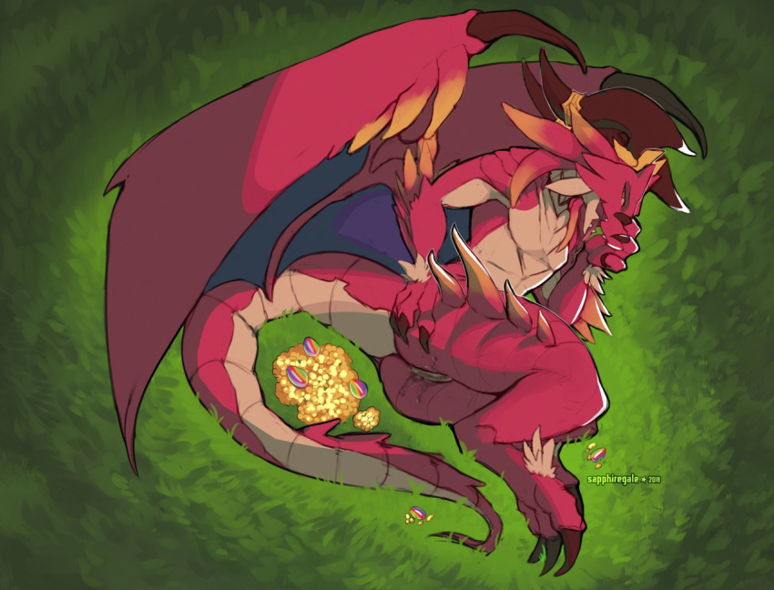 anthro brunhilda_(dragalia_lost) butt claws dragalia_lost dragon female flat_chested grass horn looking_at_viewer lying membranous_wings on_side open_mouth outside presenting presenting_hindquarters pussy pussy_juice red_body red_scales sapphire-gale scales scalie solo spikes tongue tongue_out treasure wings