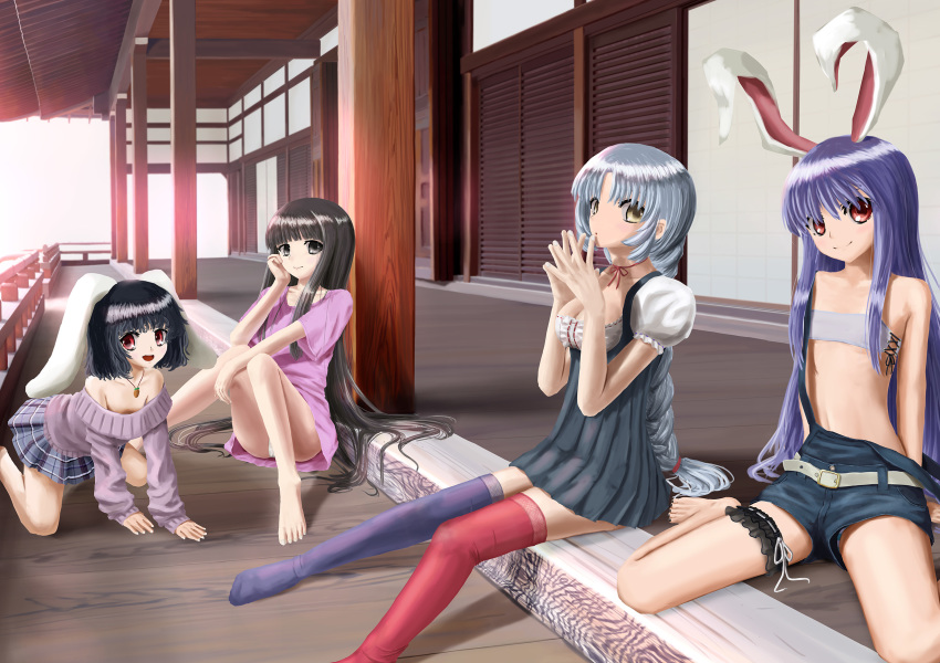 4girls a00 all_fours animal_ears ass bare_shoulders barefoot belt black_hair black_nails blue_hair blush breasts brown_eyes bunny_ears carrot_necklace cleavage downblouse dress flat_chest grey_eyes hand_on_own_face houraisan_kaguya inaba_tewi jewelry long_hair looking_at_viewer medium_breasts multiple_girls nail_polish necklace no_bra off-shoulder_sweater off_shoulder open_mouth overalls panties panty_peek parted_lips purple_hair red_eyes reisen_udongein_inaba shadow short_hair sitting skirt small_breasts smile strap_slip striped striped_panties sweater thighhighs toenail_polish touhou underwear wariza yagokoro_eirin