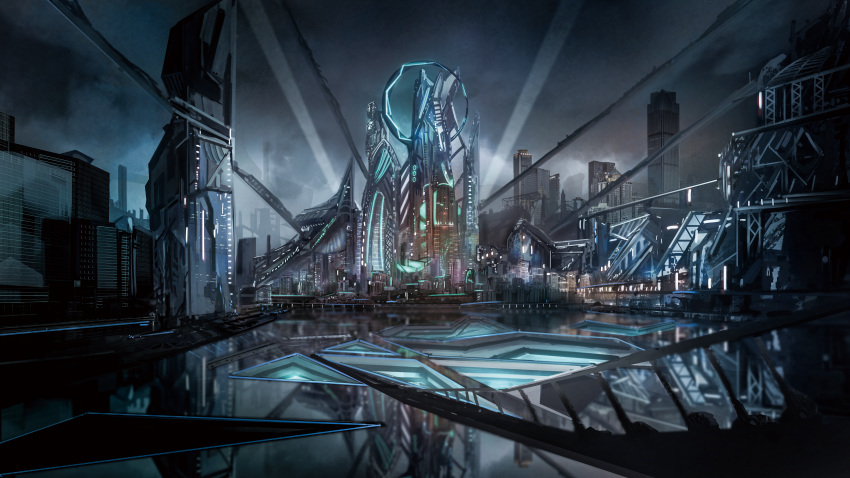 anoc building city_lights cityscape cloud cloudy_sky commentary_request cyberpunk fantasy glowing highres huge_filesize light_beam neon_lights night original reflective_floor scenery science_fiction sky spotlight