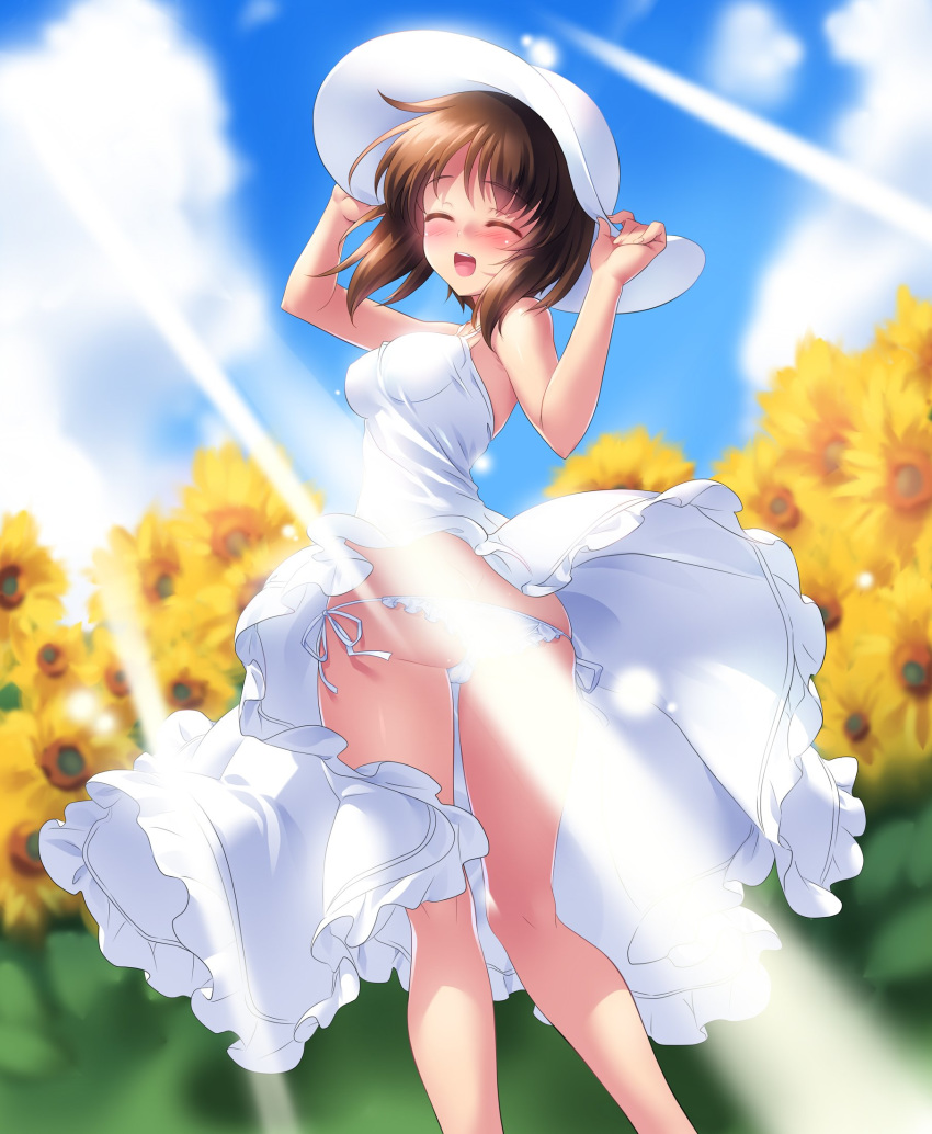 anatomical_nonsense ass bad_anatomy bangs blue_panties blue_sky blurry blurry_background breasts butt_crack cameltoe closed_eyes cloud cloudy_sky commentary_request crotch_seam day depth_of_field dress eyebrows_visible_through_hair facing_viewer flower frilled_panties frills girls_und_panzer hands_on_headwear hat highres kneepits kuzuryuu_kennosuke legs light_censor looking_back medium_breasts medium_dress microdress nishizumi_miho open_mouth outdoors panties short_hair side-tie_panties sky smile solo spaghetti_strap standing sun_hat sundress sunflower sunlight twisted_torso underwear white_hair wind wind_lift