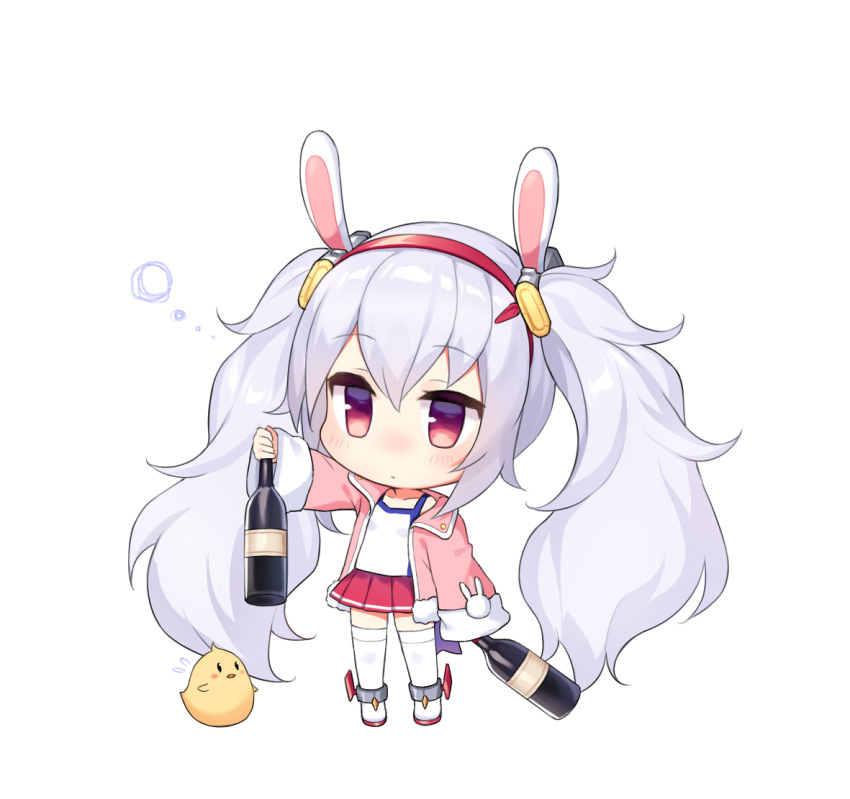 animal animal_ears azur_lane bare_shoulders bird blush boots bottle breasts bunny_ears camisole chibi chick closed_mouth collarbone commentary_request flying_sweatdrops full_body fur-trimmed_jacket fur_trim hair_ornament hairband hand_up holding holding_bottle jacket laffey_(azur_lane) long_hair long_sleeves off_shoulder open_clothes open_jacket pink_jacket pleated_skirt red_eyes red_hairband red_skirt silver_hair simple_background skirt sleeves_past_fingers sleeves_past_wrists small_breasts solo standing thighhighs thighhighs_under_boots twintails very_long_hair white_background white_camisole white_footwear white_legwear wide_sleeves yada_(xxxadaman)