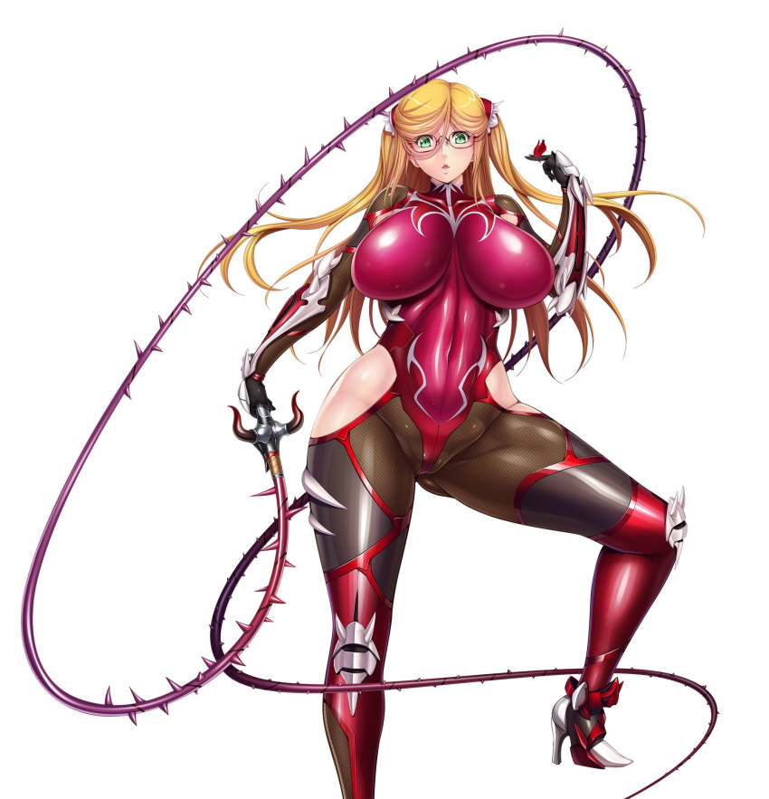 1girl aoi_nagisa_(metalder) blonde_hair bodysuit breasts curvy female glasses green_eyes huge_breasts kosaka_shizuru leotard lilith-soft long_hair looking_at_viewer partially_visible_vulva shiny shiny_skin simple_background solo taimanin_(series) taimanin_asagi taimanin_rpgx taimanin_yukikaze twintails weapon whip white_background