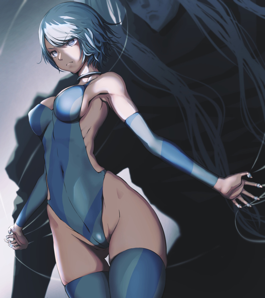 armpits ass_visible_through_thighs bare_shoulders breasts breasts_apart choker closed_mouth covered_navel covered_nipples cowboy_shot dark detached_sleeves eyebrows_visible_through_hair groin harlequin_(karakuri_circus) highleg highleg_leotard highres hip_bones hips karakuri_circus leotard md5_mismatch medium_breasts pandarou puppet puppet_strings ribs shirogane_(karakuri_circus) short_hair silver_eyes silver_hair skin_tight skinny slender_waist standing thigh_gap thighhighs