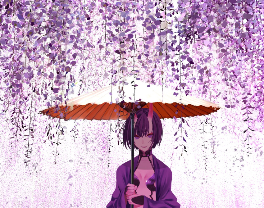 bangs chef_no_kimagure_salad commentary_request fate/grand_order fate_(series) flower japanese_clothes kimono looking_at_viewer oni oni_horns open_clothes open_kimono oriental_umbrella plant purple_eyes purple_hair purple_kimono short_hair shuten_douji_(fate/grand_order) smile umbrella upper_body vines wisteria