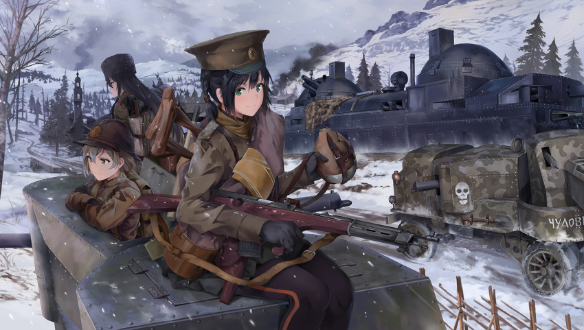 adrian_helmet armored_vehicle awtomat_fjodorowa battlefield_(series) battlefield_1 black_hair canteen chinese_commentary commentary_request crossed_arms crutch fur_hat gloves green_eyes ground_vehicle gun hat helmet highres holding holding_gun holding_weapon holster long_hair military military_hat military_uniform multiple_girls neko_(yanshoujie) orlik_armoured_train papakha putilov-garford rifle russia short_hair smoke snow snowing soldier train tree uniform weapon winter world_war_i yellow_eyes