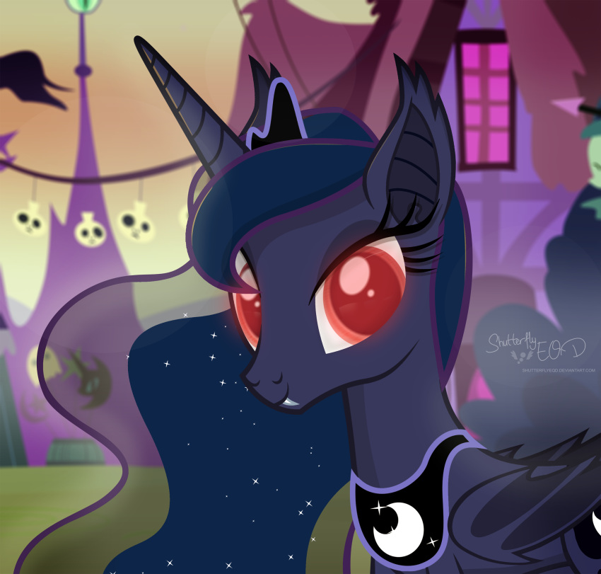 2018 bat_pony building cosmic_hair crown cutie_mark equine fangs feathered_wings feathers female feral friendship_is_magic hair halloween holidays horn house jewelry looking_at_viewer mammal my_little_pony necklace outside princess_luna_(mlp) red_eyes shutterflyeqd sky solo winged_unicorn wings winter