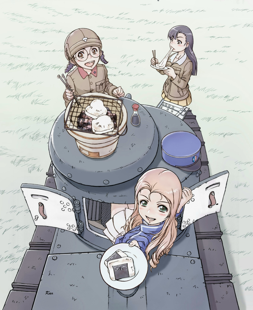 bc_freedom_(emblem) bc_freedom_military_uniform black_hair blush bottle braid chi-hatan_military_uniform collarbone commentary cooking eating emblem from_above ft-17 fukuda_(girls_und_panzer) girls_und_panzer giving glasses graphite_(medium) grass green_eyes grill grilling ground_vehicle happy hat hat_removed hatch headwear_removed helmet highres light_brown_hair long_hair looking_at_viewer looking_back looking_up marie_(girls_und_panzer) military military_vehicle mochi motor_vehicle multiple_girls nishi_kinuyo open_mouth outstretched_hand plate pleated_skirt shichirin sitting skirt smile soy_sauce tank teeth tongue traditional_media twin_braids uniform yoshikawa_kazunori
