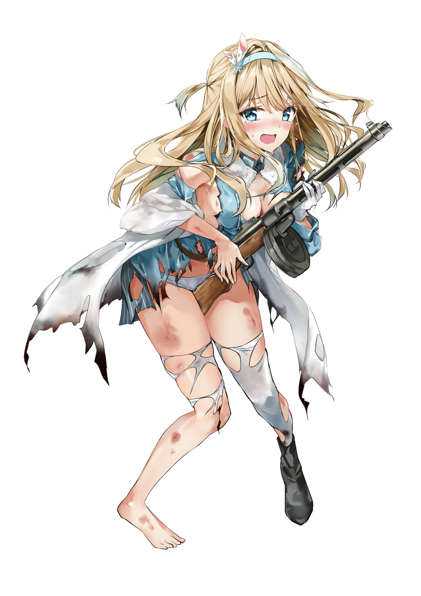 absurdres blonde_hair blue_eyes blue_hairband blush breasts cleavage fujisaki_ribbon full_body girls_frontline gloves gun hair_ornament hairband highres holding holding_gun holding_weapon long_hair medium_breasts open_mouth panties simple_background solo standing suomi_kp31_(girls_frontline) sweatdrop thighhighs torn_clothes torn_legwear underwear very_long_hair weapon white_background white_gloves white_legwear white_panties