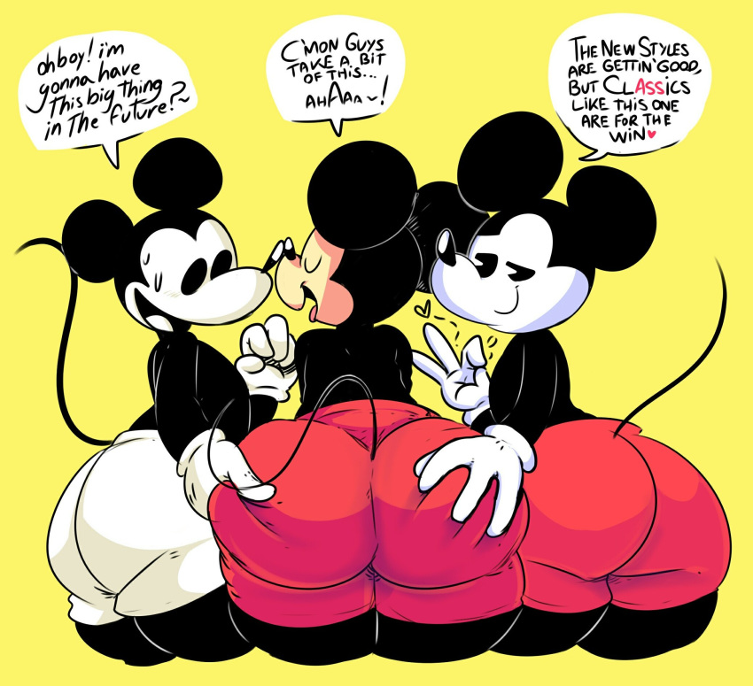 &lt;3 4_fingers anthro beige_skin big_butt black_fur butt clothed clothing dialogue disney elchilenito english_text eyes_closed fur gloves hand_on_butt hi_res light_skin male male/male mammal mickey_mouse mouse pale_skin rodent selfcest simple_background smile speech_bubble square_crossover text topless white_skin yellow_background