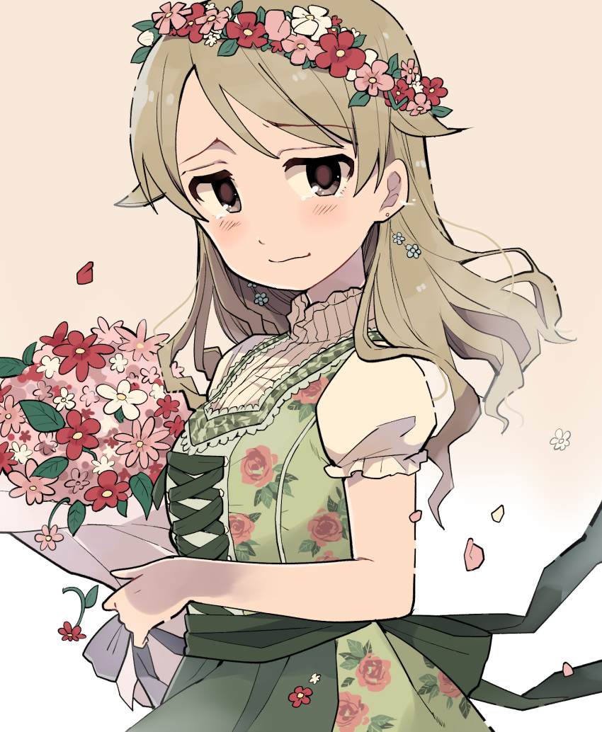 ai_nige alternate_costume apron bangs bare_arms blush bouquet brown_eyes commentary_request cross-laced_clothes dirndl dress earrings eyebrows_visible_through_hair floral_print flower flower_earrings flower_wreath german_clothes gradient gradient_background green_dress hair_down head_wreath highres idolmaster idolmaster_cinderella_girls jewelry light_brown_hair light_smile long_hair looking_at_viewer morikubo_nono petals puffy_sleeves short_sleeves simple_background solo tearing_up traditional_clothes turtleneck upper_body white_background