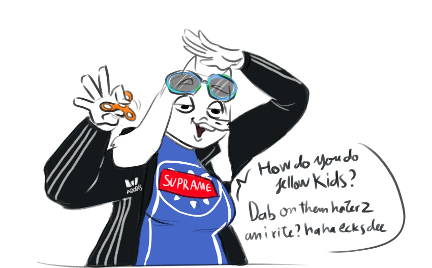 2018 adidas anthro caprine clothing dab english_text eyewear female fidget_spinner goat jacket mammal solo source_request sunglasses supreme text toriel undertale unknown_artist video_games