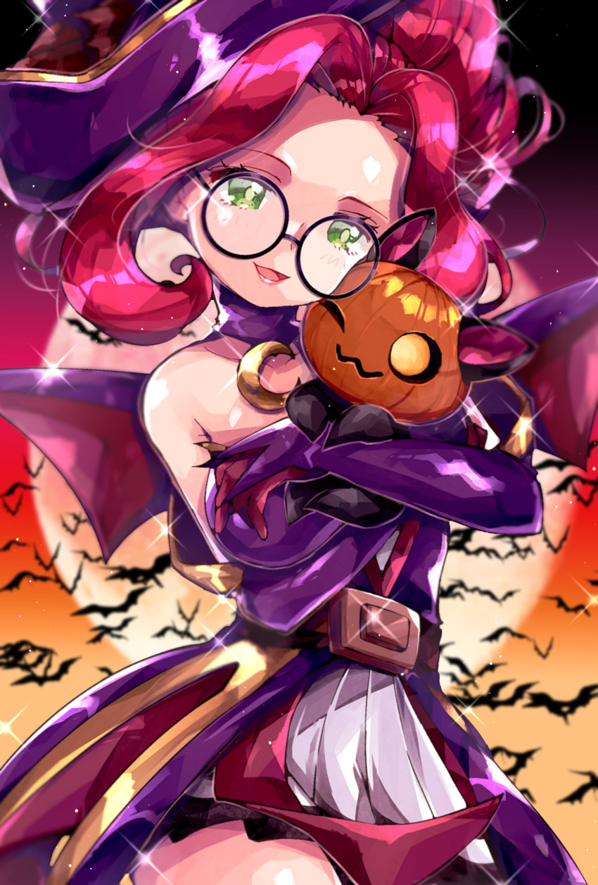 alternate_costume alternate_hair_color bare_shoulders bats belt bewitching_janna breasts cat elbow_gloves elf glasses gloves green_eyes halloween janna_windforce lantern large_breasts league_of_legends long_hair moon night night_sky pointy_ears pumpkin sky