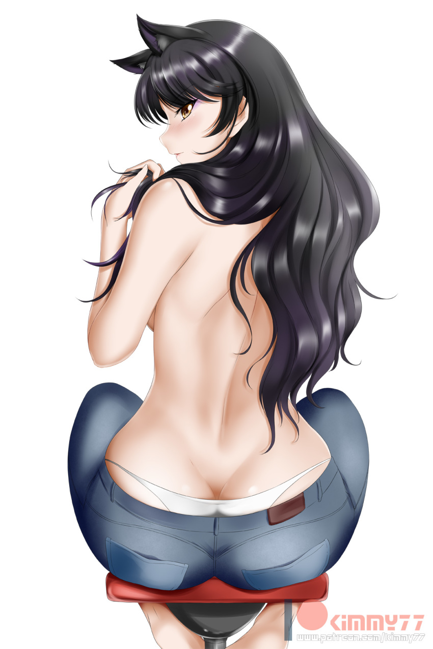 alfred_cullado animal_ears ass bare_back bikini bikini_bottom bikini_under_clothes black_hair blake_belladonna breasts butt_crack cat_ears commentary convenient_arm denim eyeshadow from_behind highres jeans long_hair looking_at_viewer looking_back makeup open_mouth pants rwby shiny shiny_hair shiny_skin simple_background sitting skindentation solo swimsuit topless whale_tail white_background white_bikini white_bikini_bottom yellow_eyes
