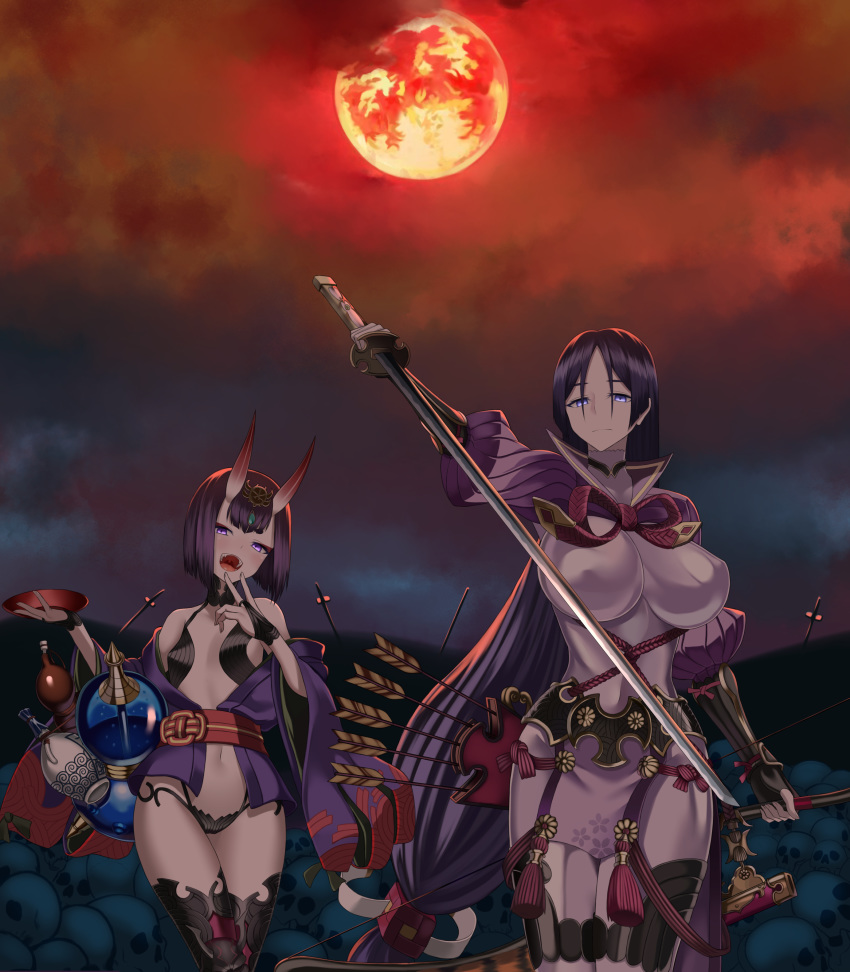 absurdres alcohol bangs black_gloves bob_cut bodysuit breasts closed_mouth cloud cloudy_sky commentary_request covered_navel covered_nipples cup dark_sky eyeshadow fate/grand_order fate_(series) fingerless_gloves forehead_jewel full_moon gloves gold_trim gourd gradient_horns gradient_sky headpiece highres horns huge_breasts japanese_clothes katana kimono long_hair looking_at_viewer low-tied_long_hair makeup minamoto_no_raikou_(fate/grand_order) moon multiple_girls nemurinemuri oni oni_horns open_clothes open_kimono outdoors parted_bangs perky_breasts purple_bodysuit purple_eyes purple_hair purple_kimono red_horns red_moon red_sky revealing_clothes ribbed_sleeves rope sakazuki sake sheath short_eyebrows short_hair shuten_douji_(fate/grand_order) skull sky sword tabard unsheathing very_long_hair weapon