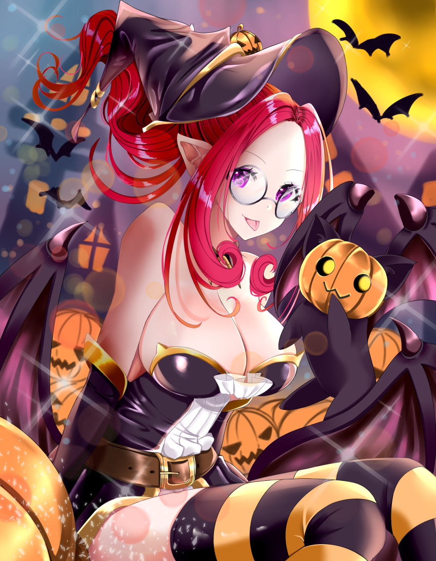 alternate_costume alternate_hair_color bare_shoulders belt bewitching_janna black_footwear breasts broom broom_riding crescent elbow_gloves elf glasses gloves halloween janna_windforce lantern large_breasts league_of_legends long_hair night night_sky pointy_ears pumpkin purple_eyes sidesaddle sky star striped_legweear thighhighs tongue tongue_out