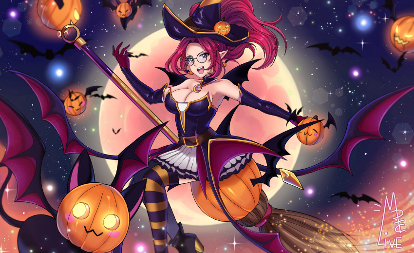 alternate_costume alternate_hair_color bare_shoulders belt bewitching_janna black_footwear boots breasts broom broom_riding crescent elbow_gloves elf english glasses gloves halloween hand_up high_heel_boots high_heels janna_windforce lantern large_breasts league_of_legends long_hair night night_sky pointy_ears pumpkin purple_eyes sidesaddle sky star striped_legweear thighhighs