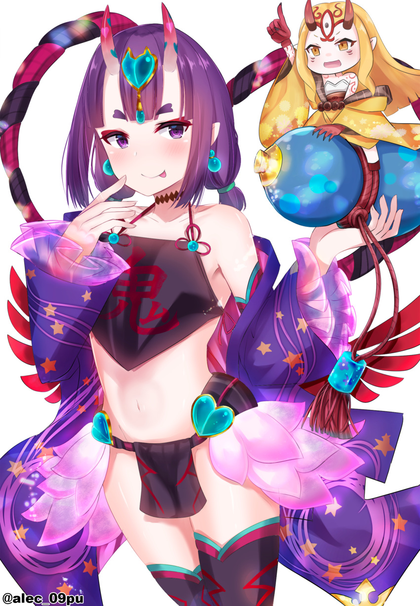 :d :p alec-gdlk bare_shoulders black_legwear blonde_hair blush brown_eyes closed_mouth collarbone detached_sleeves dudou earrings facial_mark fate/grand_order fate_(series) fingernails forehead_mark frilled_sleeves frills gourd groin hands_up headpiece heart highres horns ibaraki_douji_(fate/grand_order) japanese_clothes jewelry kimono long_hair long_sleeves looking_at_viewer minigirl multiple_girls navel off_shoulder oni oni_horns open_mouth pointy_ears purple_sleeves see-through short_eyebrows shuten_douji_(fate/grand_order) shuten_douji_(halloween)_(fate) simple_background smile star star_print thick_eyebrows thighhighs tongue tongue_out twitter_username very_long_hair white_background wide_sleeves yellow_kimono