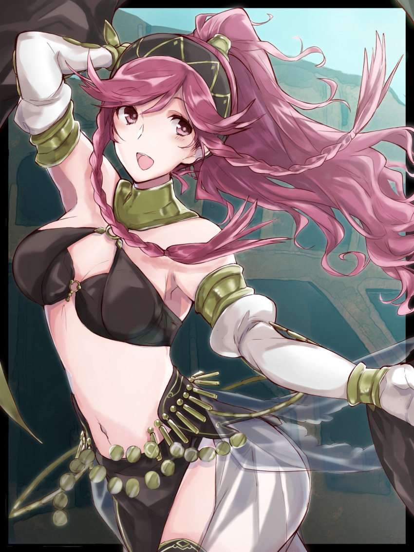 aiueo1234853 braid breasts cleavage commentary_request fire_emblem fire_emblem:_kakusei fire_emblem_heroes hairband highres long_hair navel olivia_(fire_emblem) open_mouth pink_eyes pink_hair ponytail solo twin_braids