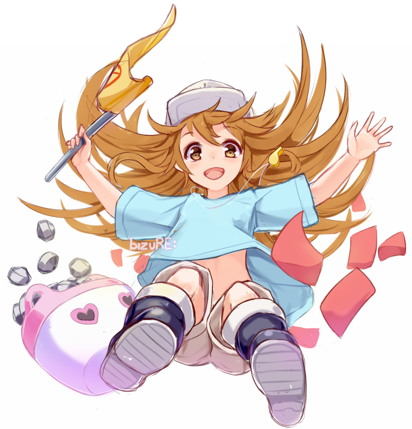 :d bizure: black_footwear blue_shirt boots brown_eyes brown_hair flag floating_hair full_body hataraku_saibou highres holding holding_flag long_hair looking_at_viewer open_mouth outstretched_arm platelet_(hataraku_saibou) shirt short_shorts short_sleeves shorts simple_background smile solo very_long_hair white_background white_hair white_shorts