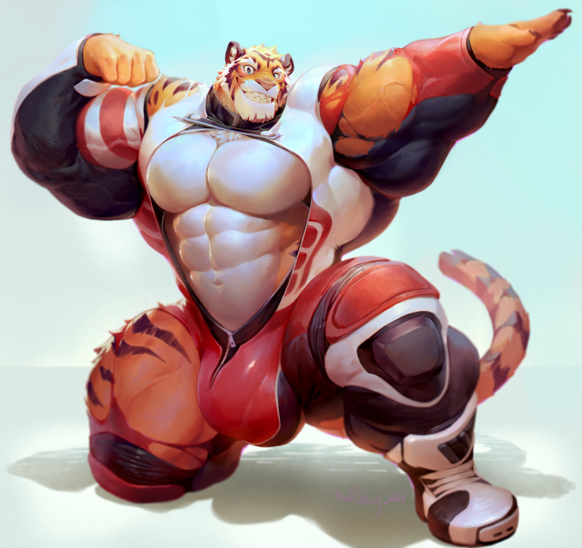 2016 abs absurd_res anthro belly biceps big_biceps big_bulge big_muscles blue_eyes bulge clothing feline flexing front_view fur hi_res huge_muscles looking_at_viewer male mammal manly muscular muscular_male nolan_(nolan) null-ghost open_mouth orange_fur pecs pose simple_background smile solo standing teeth tiger tongue torn_clothing vein