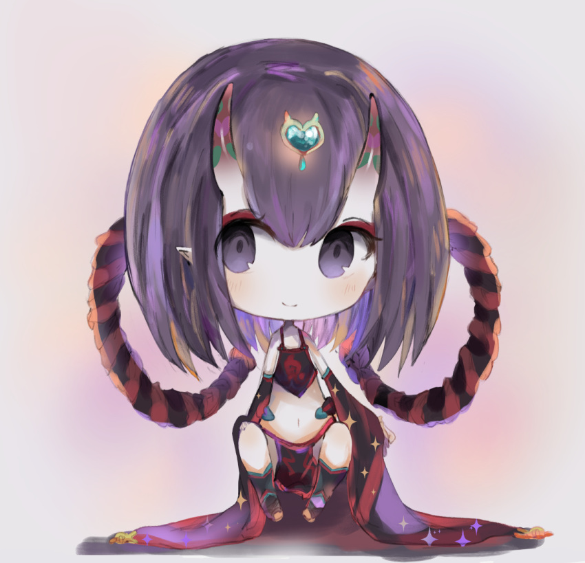 bangs bare_shoulders black_legwear blush brown_background chibi closed_mouth cottontailtokki detached_sleeves dudou fate/grand_order fate_(series) full_body hair_between_eyes headpiece heart horns long_hair long_sleeves looking_at_viewer navel oni oni_horns pointy_ears purple_eyes purple_hair shuten_douji_(fate/grand_order) shuten_douji_(halloween)_(fate) smile solo sparkle thighhighs wide_sleeves