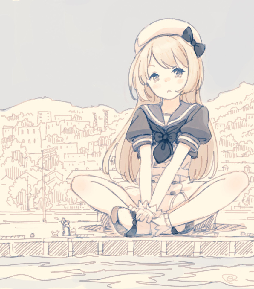 1girl beret blonde_hair blue_eyes braid commentary dog dress english_commentary giantess gloves hat highres indian_style jervis_(kantai_collection) kantai_collection kokudou_juunigou mary_janes open_mouth pale_color sailor_collar sailor_dress sailor_hat shoes short_sleeves sitting water white_dress white_gloves white_hat