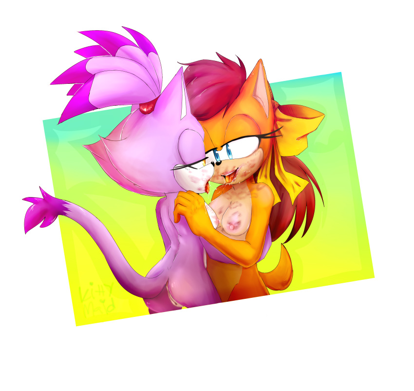 2018 absurd_res anthro blaze_the_cat blue_eyes breasts butt cat duo embrace eye_contact feline female female/female fur hair hair_bow hair_ribbon half-closed_eyes hi_res kiss_mark kittymaid mammal multicolored_fur nipples pink_fur ponytail pussy rear_view red_hair ribbons saliva saliva_string simple_background sonic_(series) tail_tuft tiara_boobowski tongue tongue_out tuft two_tone_fur yellow_eyes