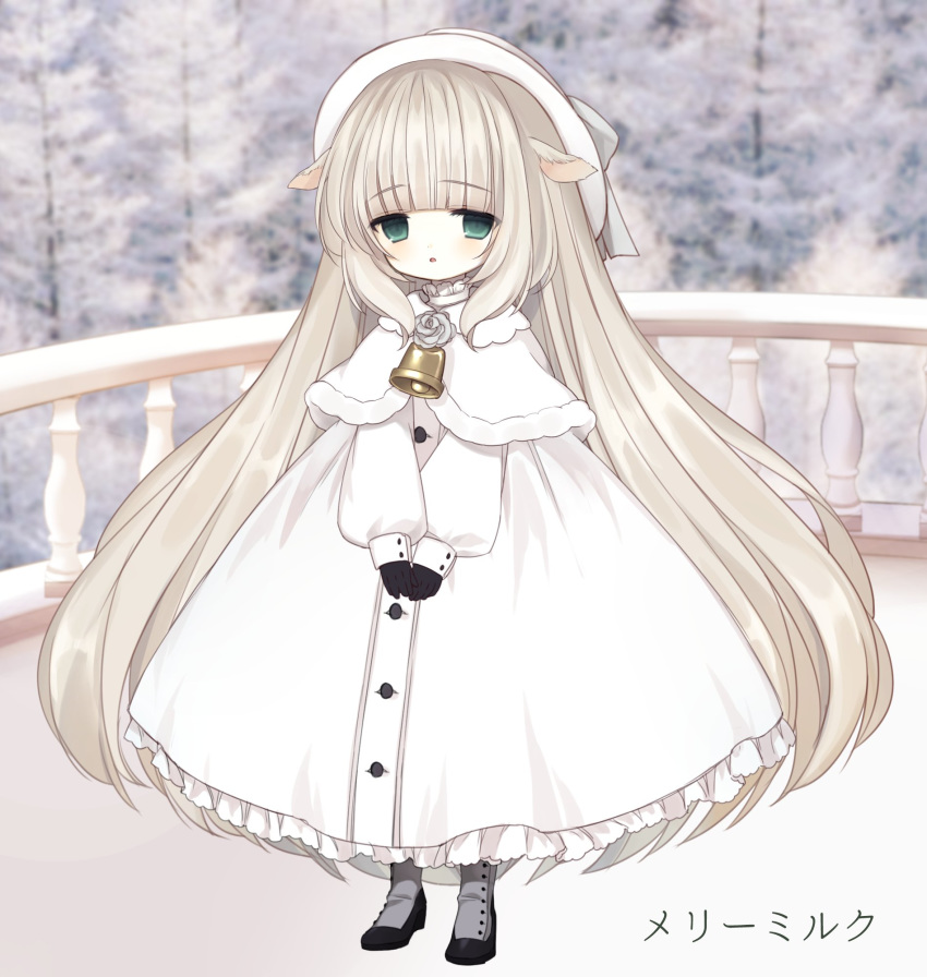:d animal_ears bangs bell big_hair black_footwear blunt_bangs blurry boots capelet character_name depth_of_field dress eyebrows_visible_through_hair flower fur-trimmed_capelet fur_trim gloves green_eyes hat highres long_hair looking_at_viewer merry_milk merry_milk_no_mori milk_merry open_mouth silver_hair smile solo veranda very_long_hair virtual_youtuber white_dress white_hair winter