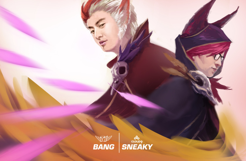 absurdres atan bang_(gamer) character_name cloud_9_(team) commentary cosplay crossdressing glasses highres hood league_of_legends multiple_boys rakan_(league_of_legends) rakan_(league_of_legends)_(cosplay) real_life sk_telecom_t1 sneaky_(gamer) upper_body xayah xayah_(cosplay)