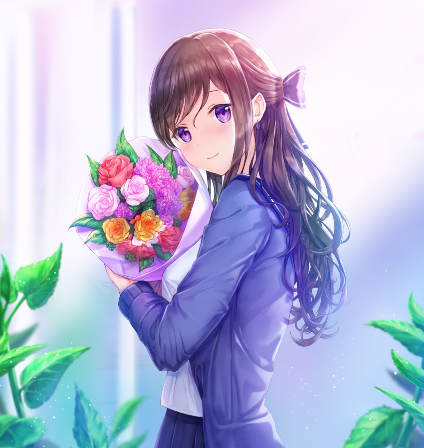 bangs blue_bow blue_jacket blue_skirt blurry blurry_background blush bouquet bow breasts brown_hair closed_mouth commentary depth_of_field earrings english_commentary eyebrows_visible_through_hair flower hair_between_eyes head_tilt highres holding holding_bouquet jacket jewelry long_hair looking_at_viewer looking_to_the_side lunacle open_clothes open_jacket original pink_flower pink_rose pleated_skirt purple_eyes purple_flower red_flower red_rose rose shirt skirt small_breasts smile solo striped striped_bow very_long_hair white_shirt yellow_flower yellow_rose
