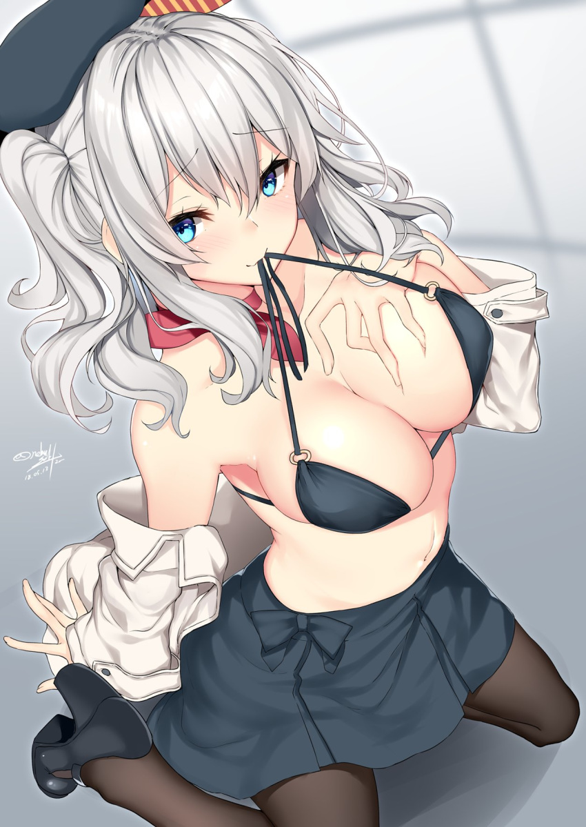 beret black_bikini_top black_footwear black_hat black_legwear blue_eyes blue_skirt blush breasts cleavage collarbone commentary_request dated deep_skin eyebrows_visible_through_hair from_above grey_background hand_on_own_chest hat high_heels highres kantai_collection kashima_(kantai_collection) large_breasts long_hair looking_at_viewer looking_up mouth_hold nebusoku neckerchief o-ring o-ring_top open_clothes open_shirt pantyhose red_neckwear revision self_fondle shoes silver_hair simple_background sitting skirt smile solo twintails twitter_username wariza