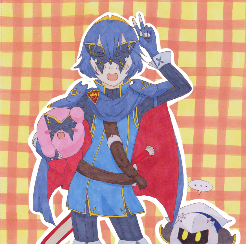 ... 5_fingers ambiguous_gender armor belt blue_clothing blue_hair blush cape clothing crown gloves group hair holding_character human kirby kirby_(series) looking_at_viewer lucina mammal mask meta_knight nintendo open_mouth plaid_background short_hair speech_bubble sword_sheath teeth tiara umarun-k v_sign video_games waddling_head yellow_eyes
