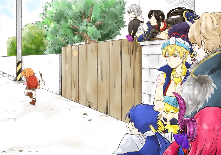 4boys ahoge arabian_clothes bag bandaged_arm bandages bangs bare_shoulders black_hair black_legwear black_panties blonde_hair blue_hair boots brick_wall character_request chest chest_tattoo commentary_request earrings elizabeth_bathory_(fate) elizabeth_bathory_(fate)_(all) facial_scar fate/grand_order fate_(series) fujimaru_ritsuka_(female) fur_trim gauntlets gawain_(fate/extra) gilgamesh gilgamesh_(caster)_(fate) hair_ornament hair_ribbon hair_scrunchie hajimete_no_otsukai hand_on_own_chin hat highres holding_stick horns jack_the_ripper_(fate/apocrypha) jewelry kindergarten_bag lancer long_hair multiple_boys multiple_girls orange_hair panties pants pink_hair ponytail red003 red_eyes ribbon road scar scrunchie shirtless short_hair shorts shoulder_pads side_ponytail silver_hair sitting sitting_on_object stick tattoo thighhighs tree underwear very_long_hair watching white_hair wooden_wall yan_qing_(fate/grand_order) yellow_scrunchie younger