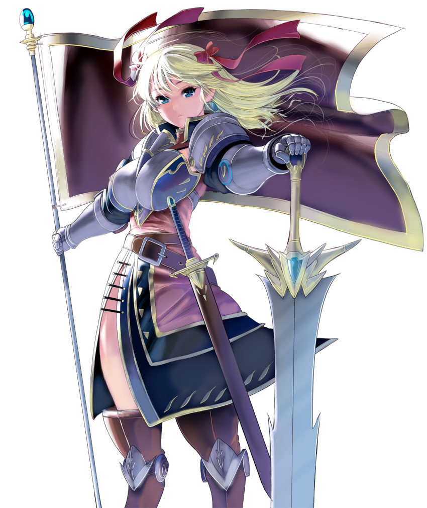 armor banner belt blonde_hair bow breasts commentary_request cowboy_shot earrings flag flagpole gauntlets greatsword greaves hair_bow hair_ribbon high_collar highres huge_weapon jewelry knight large_breasts long_hair masao original pauldrons planted_sword planted_weapon red_ribbon ribbon sheath sheathed side_slit solo standing sword weapon white_background wind wind_lift