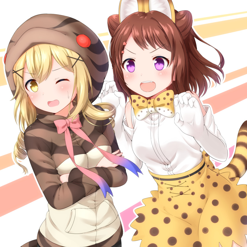 :d animal_ears animal_hood bang_dream! bangs blonde_hair blush bow bowtie brown_hair claw_pose commentary_request cosplay crossed_arms elbow_gloves faubynet gloves gradient_ribbon hair_ornament highres hood hood_up ichigaya_arisa kemono_friends long_hair multiple_girls neck_ribbon one_eye_closed open_mouth outline pink_neckwear print_neckwear print_skirt purple_eyes ribbon serval_(kemono_friends) serval_(kemono_friends)_(cosplay) serval_ears serval_print serval_tail shirt short_hair skirt smile snake_hood star star_hair_ornament striped_hoodie sweatdrop tail toyama_kasumi tsuchinoko_(kemono_friends) tsuchinoko_(kemono_friends)_(cosplay) twintails v-shaped_eyebrows white_gloves white_outline white_shirt x_hair_ornament yellow_eyes yellow_skirt