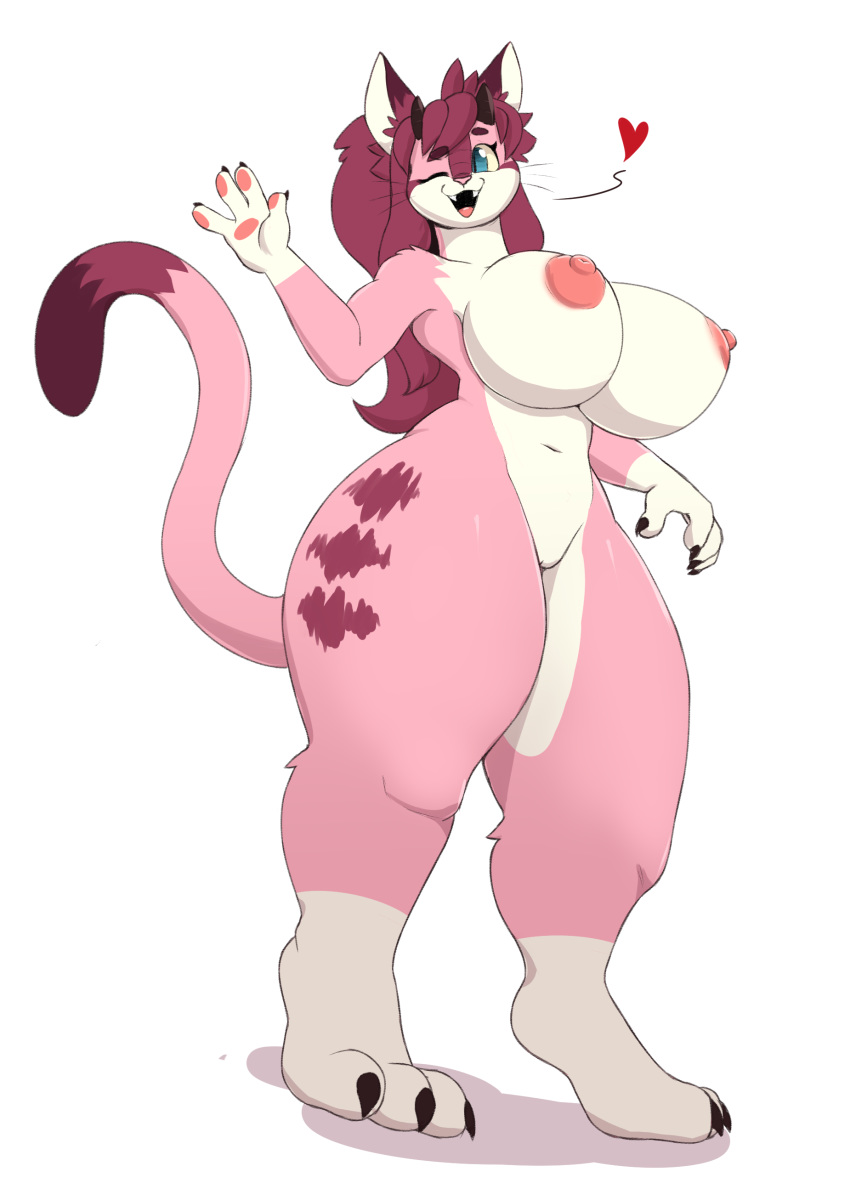 &lt;3 2018 4_fingers anthro big_breasts breasts cat cewljoke claws countershading dipstick_tail feline female fur horn huge_breasts mammal monster multicolored_tail nude pink_fur pussy simple_background solo thick_thighs white_background wide_hips yumi_(cewljoke)