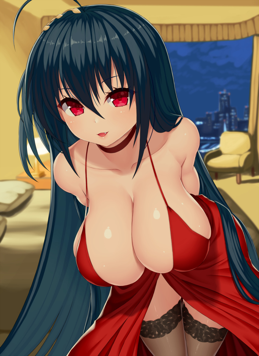 ahoge arms_behind_back asamura_hiori azur_lane bent_over black_hair black_legwear blurry blurry_background breasts choker cleavage collarbone commentary_request cowboy_shot depth_of_field dress fang hair_between_eyes highres indoors large_breasts long_hair looking_at_viewer red_dress red_eyes smile solo strap_gap taihou_(azur_lane) thighhighs
