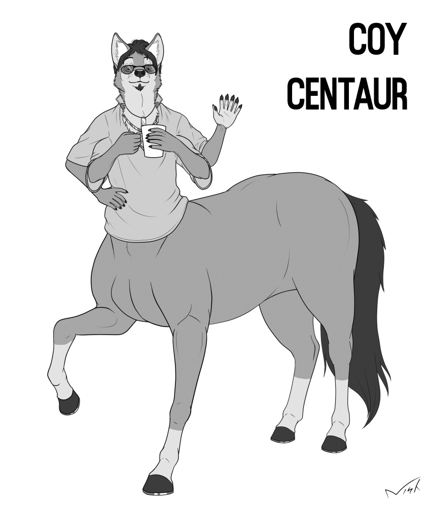 2018 6_fingers beverage canine centaur clothing coffee coyote cup equine equine_taur eyewear glasses hooves jewelry mammal multi_arm multi_limb necklace nisharu polydactyly shirt simple_background taur text