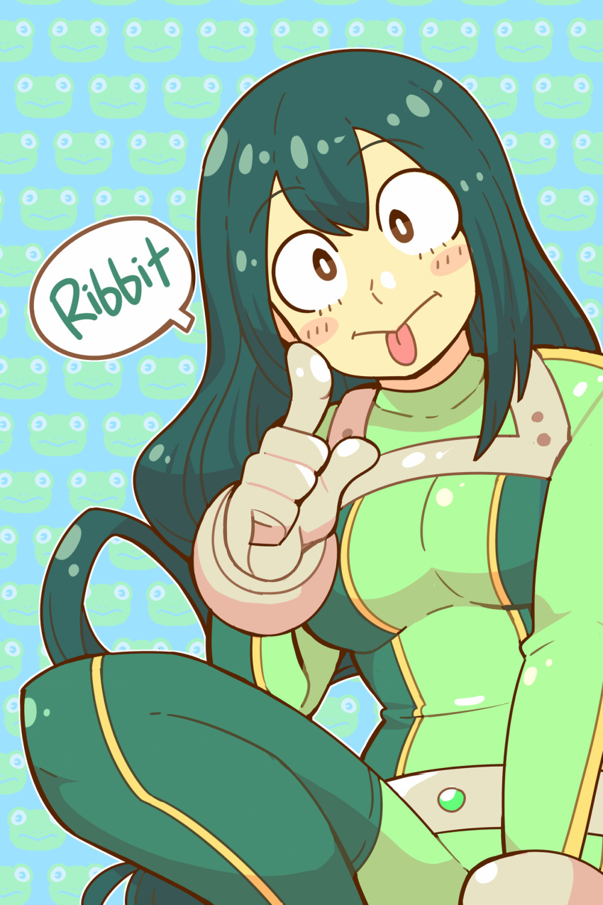 1girl asui_tsuyu blush_stickers bodysuit boku_no_hero_academia breasts closed_mouth eyebrows_visible_through_hair gloves green_hair jen-jen_rose long_hair medium_breasts solo text_focus tied_hair tongue tongue_out white_gloves