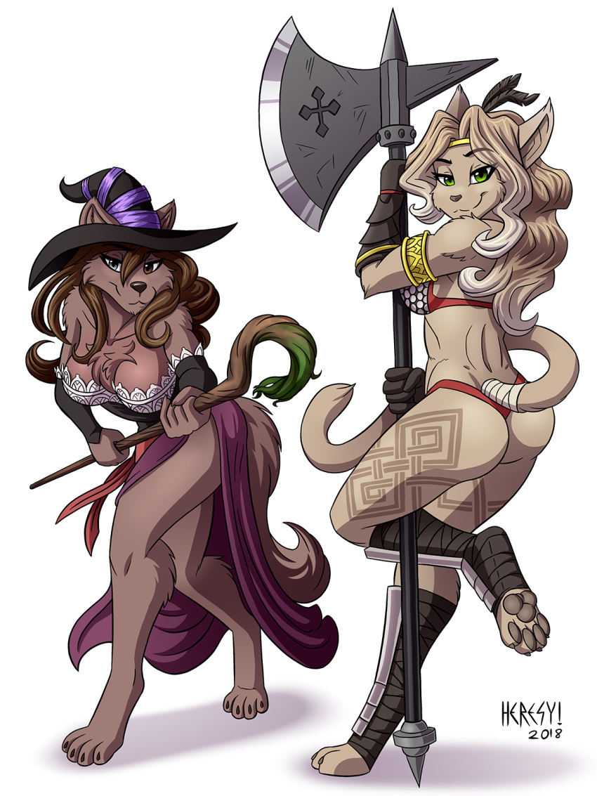 2018 amazon amazon_(dragon's_crown) armband armor axe basitin battle_axe bikini blonde_hair breasts brown_eyes brown_fur brown_hair butt canine chainmail_bikini circlet cleavage clothed clothing dragon's_crown feathers feet foot_wraps full_body fur green_eyes grey_eyes hair hat heresy_(artist) heterochromia keidran king_adelaide lace looking_at_viewer magic_user mammal melee_weapon natani simple_background skimpy skirt sorceress_(dragon's_crown) staff swimsuit tail_wraps tan_fur tattoo twokinds unconvincing_armor weapon white_background witch witch_hat wolf wraps