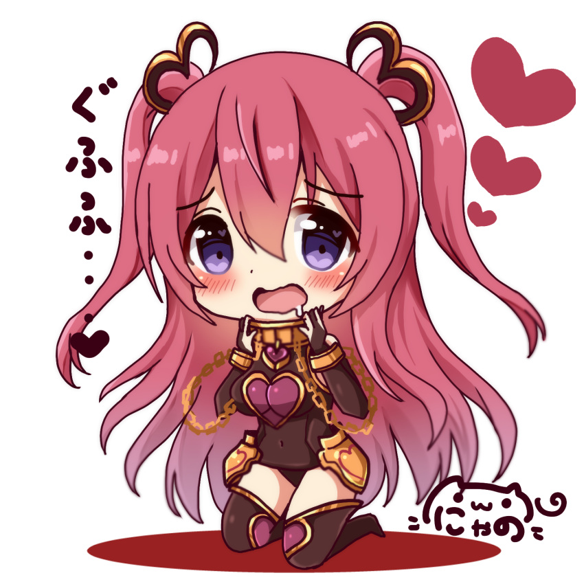 bangs blush breasts brown_gloves brown_legwear brown_swimsuit chain character_request chibi commentary_request drooling eyebrows_visible_through_hair full_body gloves hair_between_eyes hair_ornament hands_up heart heart_in_eye highres kneeling large_breasts long_hair looking_at_viewer nyano21 open_mouth partly_fingerless_gloves pink_hair princess_connect! princess_connect!_re:dive purple_eyes saliva side_ponytail signature solo swimsuit symbol_in_eye thighhighs tomi_kuka translation_request two_side_up very_long_hair wavy_mouth white_background