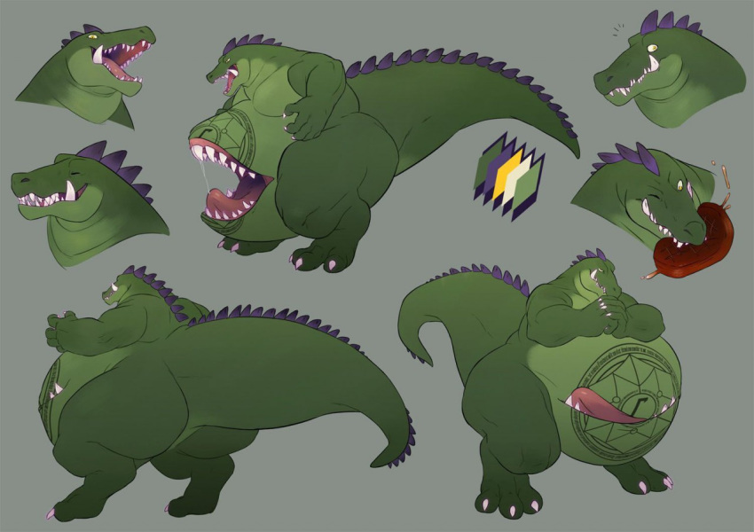 alligator anthro belly big_belly crocodile crocodilian giant_tail guy9 hyper hyper_belly kaiju mellowhen model_sheet musclegut obese overweight reptile scalie stomach_mouth