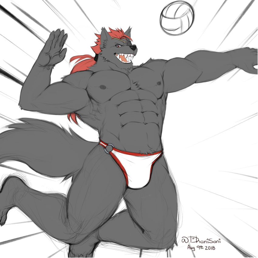 abs artist_signature black_fur bulge canine eye_patch eyewear fur hair itsdhani jumping looking_at_viewer male mammal muscular muscular_male nipples red_eyes red_hair solo sport volleyball wolf