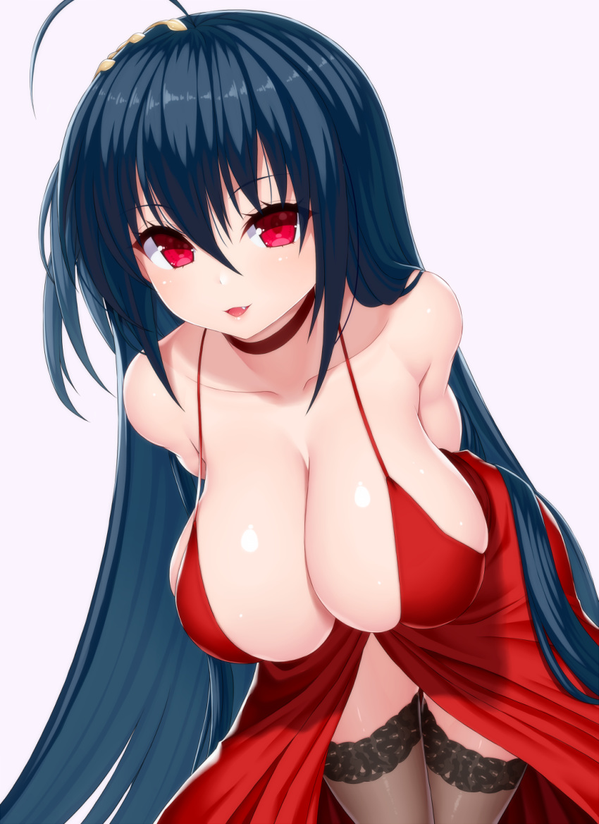 ahoge arms_behind_back asamura_hiori azur_lane bent_over black_hair black_legwear breasts choker cleavage collarbone commentary_request cowboy_shot dress fang hair_between_eyes highres large_breasts long_hair looking_at_viewer red_dress red_eyes simple_background smile solo strap_gap taihou_(azur_lane) thighhighs