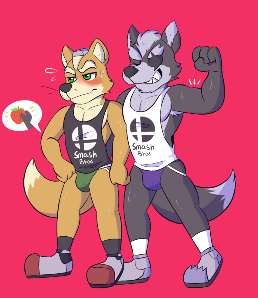 anthro armpit_hair blush bulge butt butt_grab canine clothed clothing duo embrace flexing fox fox_mccloud grin grope half_naked hand_on_butt jockstrap male male/male mammal muscular muscular_male nintendo pose shirt smile star_fox sweat tank_top touyakemone underwear video_games wolf wolf_o'donnell